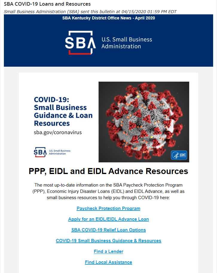 Screenshot of SBA's COVID-19 loans and resources email.