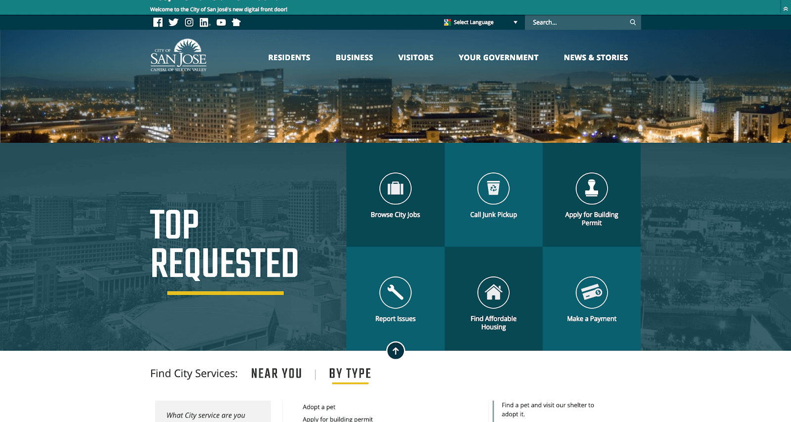 A screenshot of San Jose's website