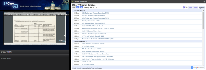 A screenshot of SFGovTV’s live meetings, hosted by govMeetings. 