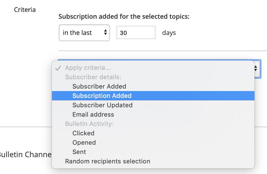 screenshot of email marketing software segmenting by when subscription was added