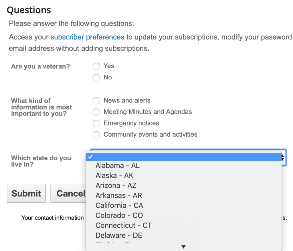 Dropdown box in email marketing software showing segmentation by U.S. state