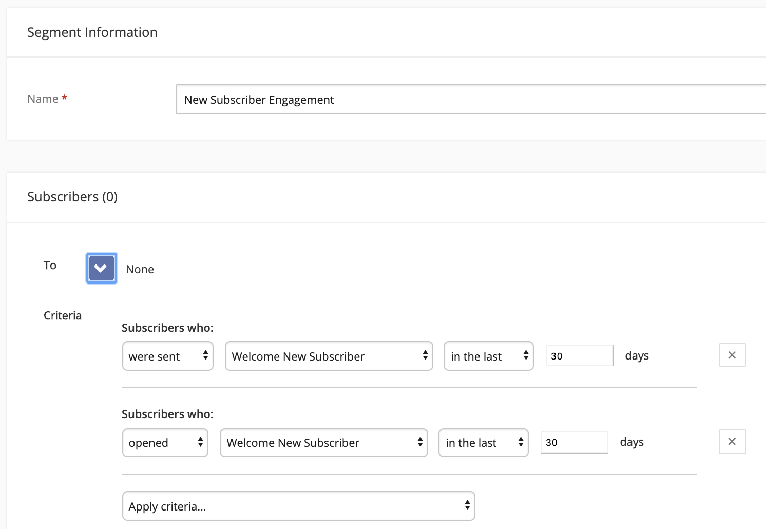 screenshot of email marketing software showing multiple segmentation criteria