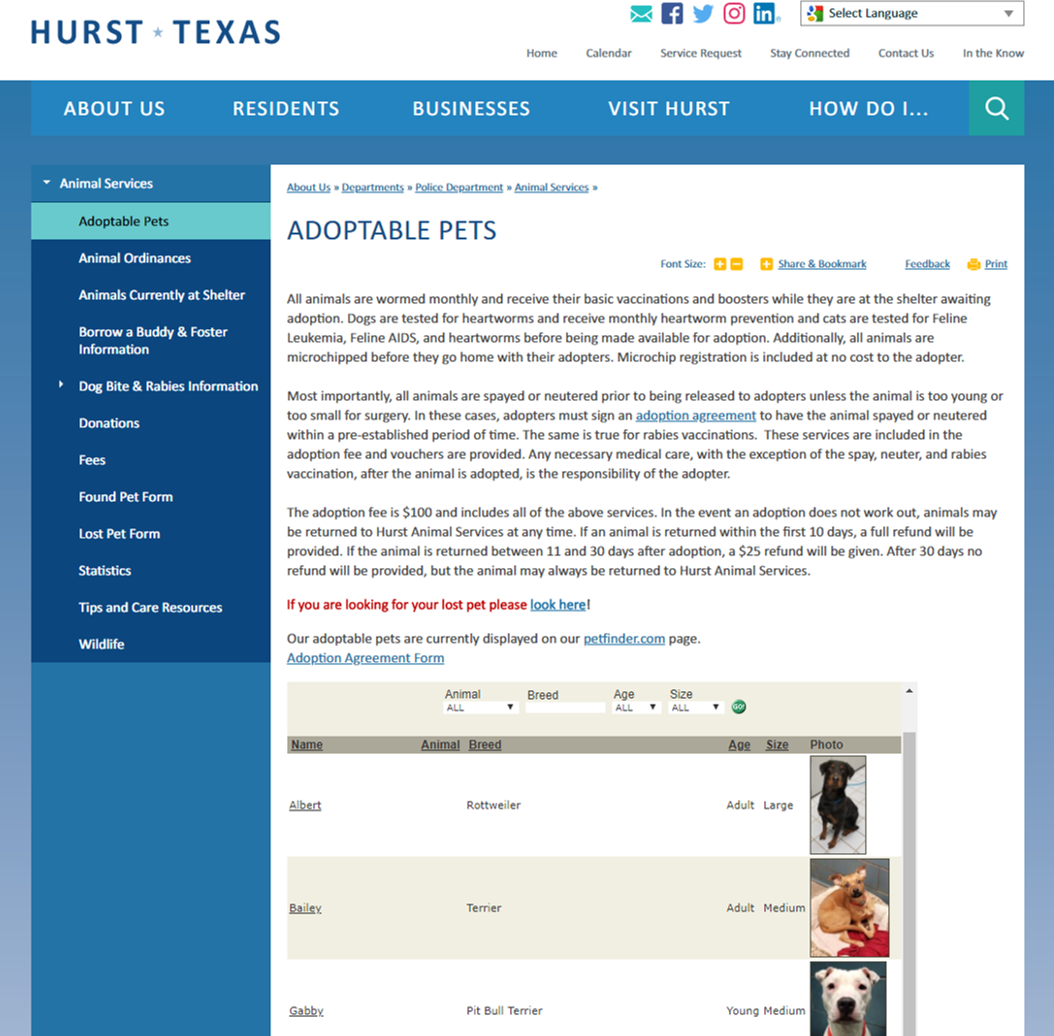Hurst, TX Adoptable Pets Page