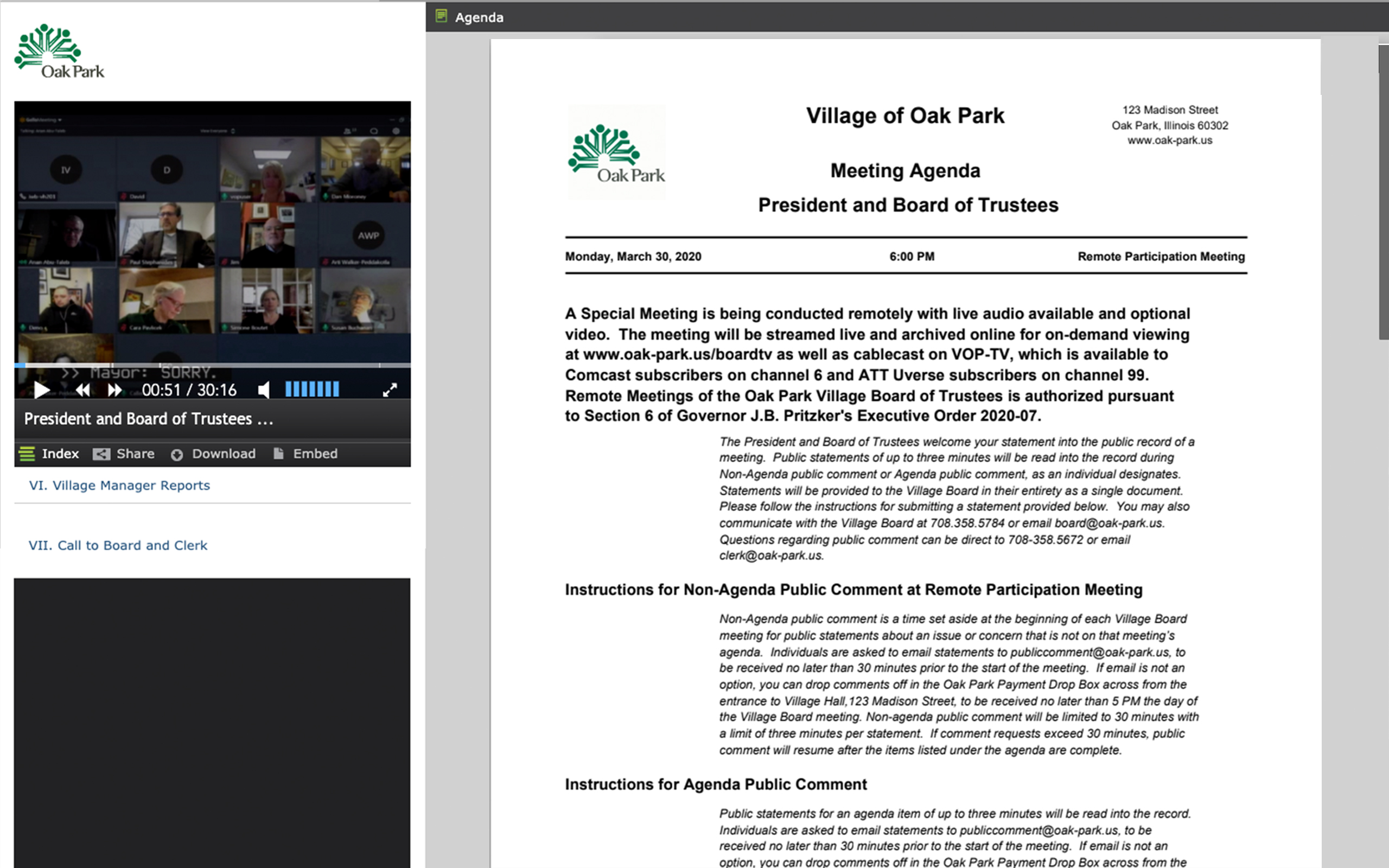 A screenshot of Oak Park's virtual meeting with councilmembers joining remotely and a meeting agenda.