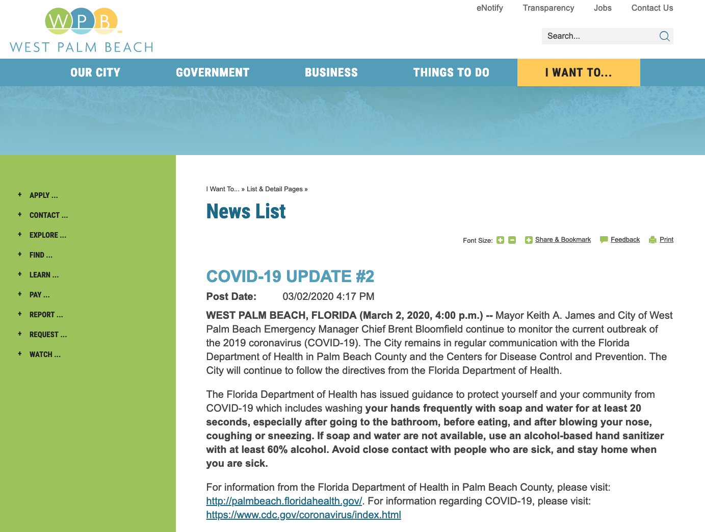 COVID: 19 webpage for West Palm Beach, Florida