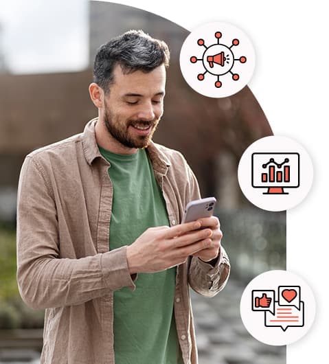 United States citizen interacting with Federal Government on his mobile phone. Overlay of engagement, analytics, and community sentiment icons.
