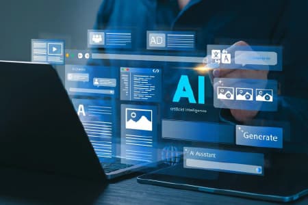 AI overlays over a man on a laptop