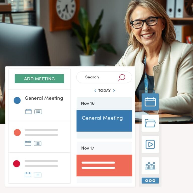 A satisfied, middle-aged female government clerk smiling while working at her computer. Overlay: Meeting agenda management software with icons linking to public records requests, video streaming, and reporting dashboards in Operations Cloud.