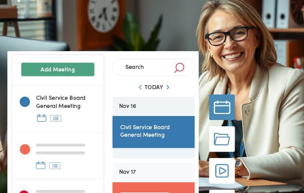 Happy government clerk at a clean desk, overlaid with an Operations Cloud dashboard featuring meeting management, record requests, video streaming, analytics, and more for streamlined government operations.