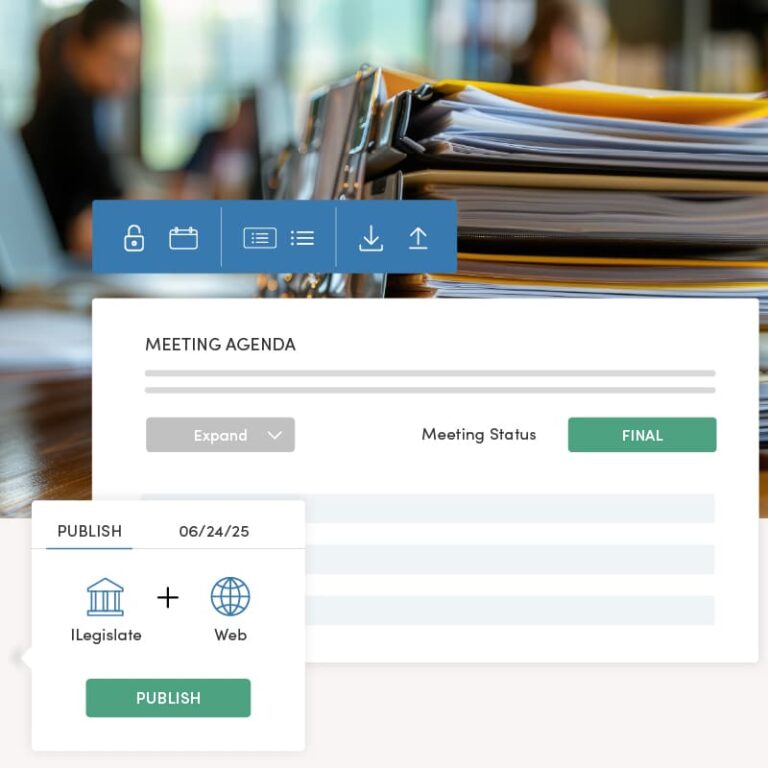 Stack of binders and papers with busy clerks in the background, overlaid with a dashboard for agenda and meeting minutes management featuring streamlined workflows and one-click publishing for efficient government operations.