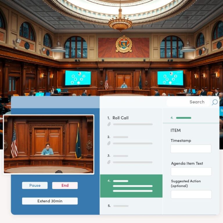 Local government public meeting in a large hall, featuring Granicus video live streaming and broadcasting technology dashboard for real-time meeting management and citizen engagement.