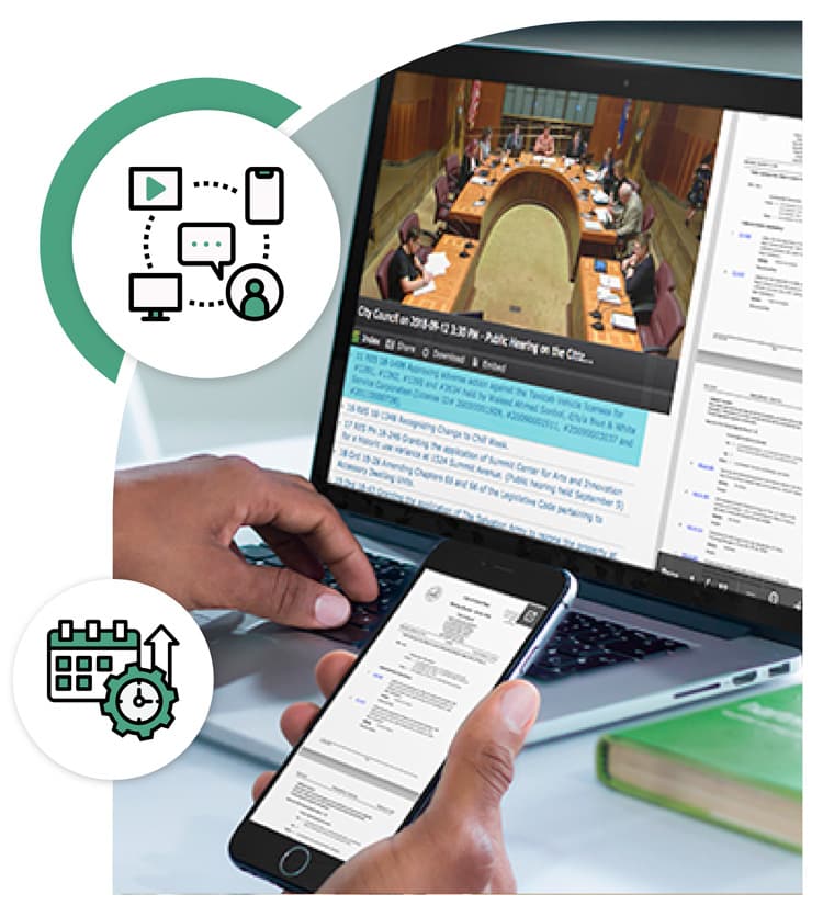 A person live streaming a city hall council meeting on their laptop while reviewing the agenda on their phone. Icon overlay: Connected technology and agenda & meeting management, showcasing seamless access to government meetings.