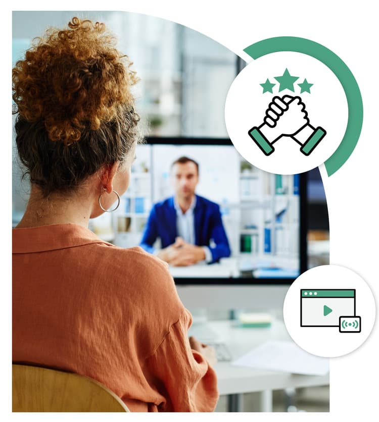 A woman watching a live stream to stay connected with her local government, enabled by Operations Cloud's secure and reliable video hosting software. Icon overlay: Live stream video, trust, and transparency, showcasing accessible and trustworthy government communication.