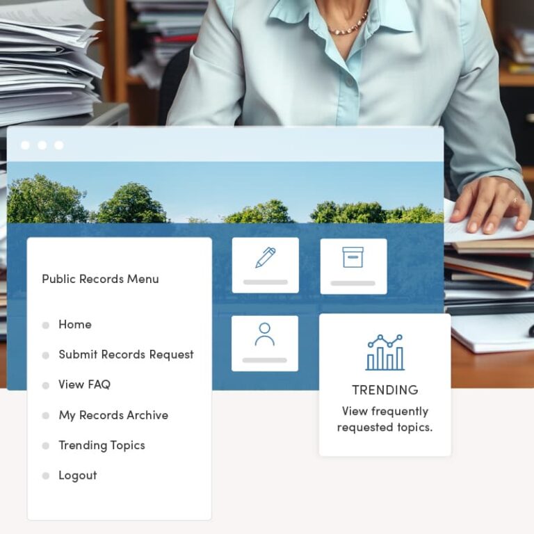 Busy government clerk at a desk covered in papers and public records requests, with an overlay of a streamlined public records request workflow in the Operations Cloud dashboard for efficient requests management.