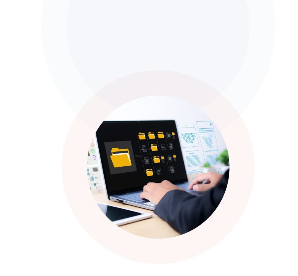 Illustration of modern digital government services, featuring abstract graphics of cloud computing, user interfaces, and interconnected devices.