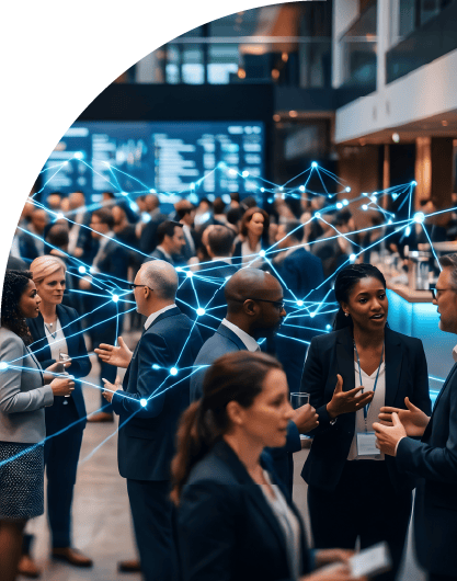 Group of professional business people networking at a corporate conference event with digital technology connection lines overlay representing global communication and data.