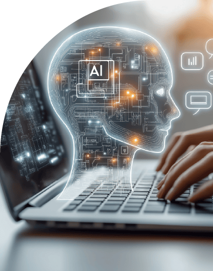 Person uses laptop interacting with AI virtual assistant.