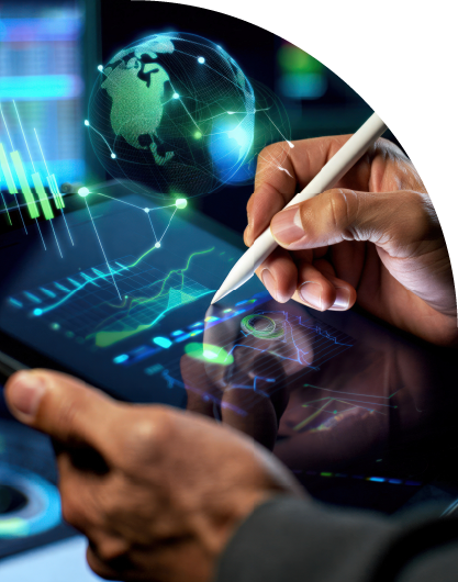 Man hand uses a digital pen on a tablet with glowing charts, graphics, etc.
