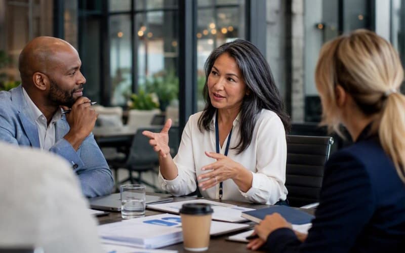Colleagues meeting around a conference table, discussing documents and charts in a modern office.