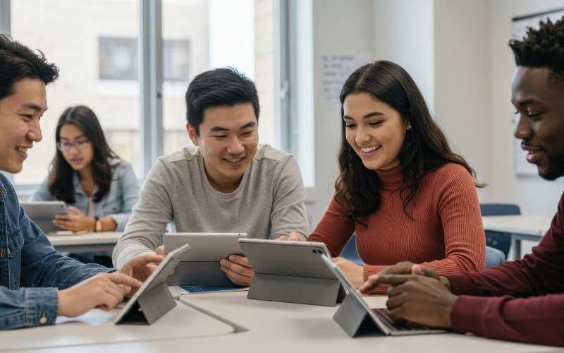 Students using tablets in a classroom, illustrating how digital nudges can guide them toward meeting UCAS application deadlines.
