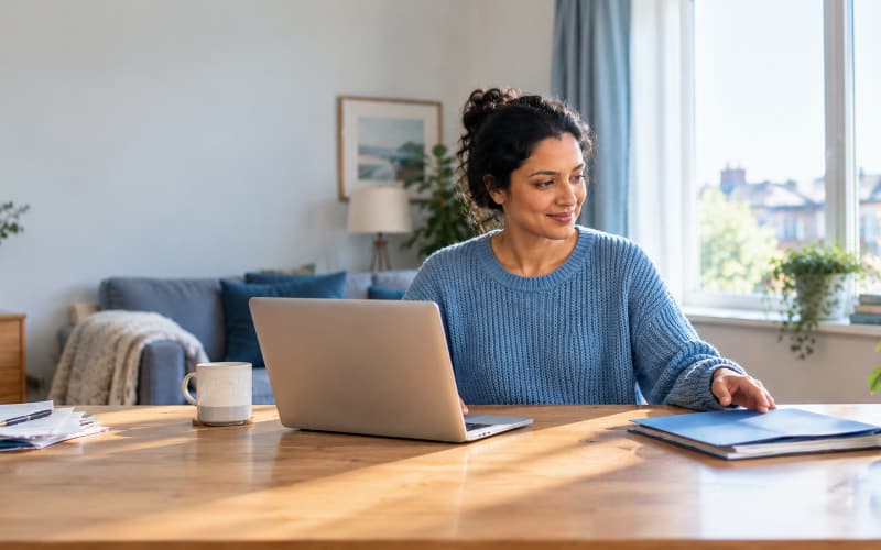 Person working from home at a laptop, reviewing documents at a bright desk in a modern living room.