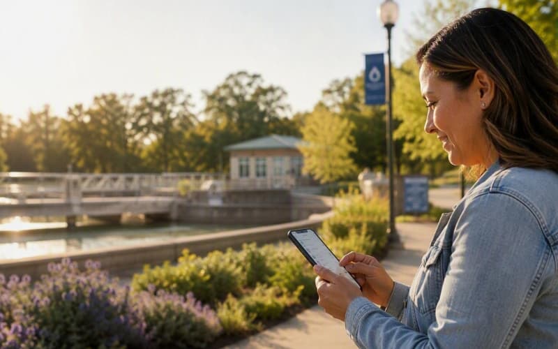 Person using a smartphone along a waterfront path, highlighting the importance of digital accessibility for public services.