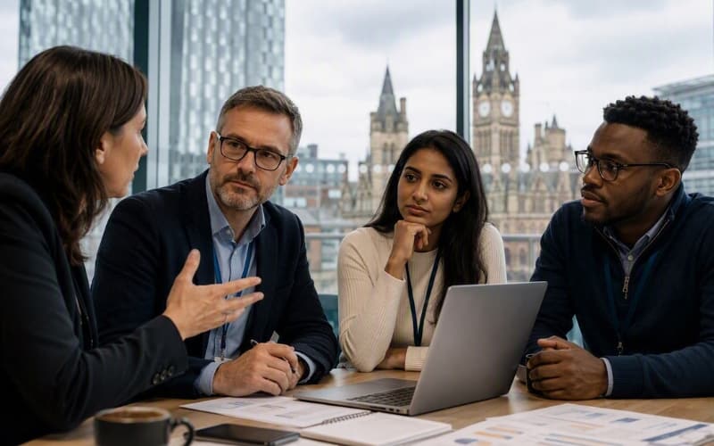 Four people meet around a laptop in a modern office, with the Palace of Westminster and Big Ben visible through large windows.