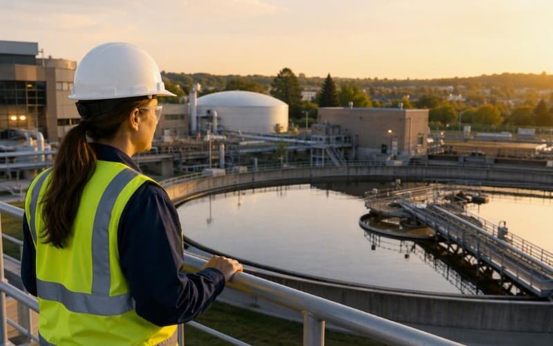 Person in high-visibility safety vest and hard hat overlooking a water treatment facility with circular processing tanks at sunset.