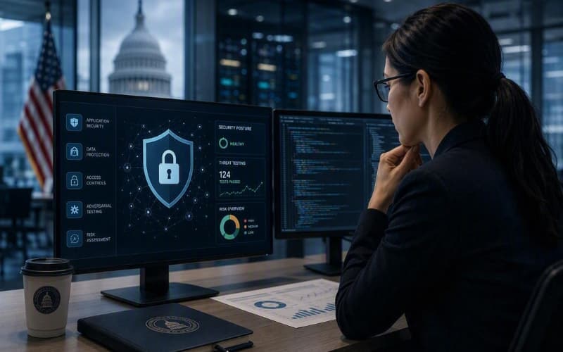 Cybersecurity analyst reviewing security dashboard and code on dual monitors in a government office setting.