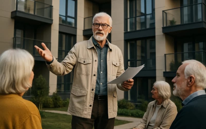 Housing association staff meeting with older tenants outside an apartment building to discuss support for vulnerable residents.