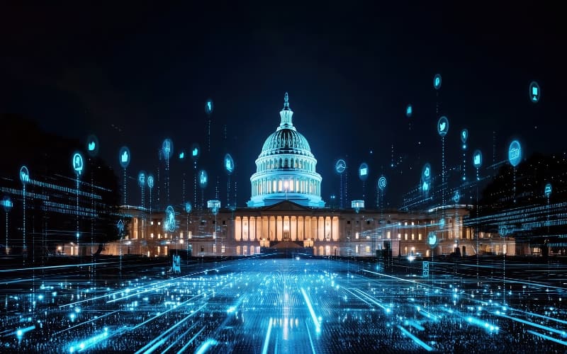 Digital network graphics overlaying the U.S. Capitol at night, representing the shift from frustration to trust through connected and efficient government services.