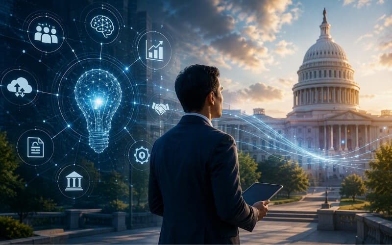 Professional with a tablet facing the U.S. Capitol, surrounded by digital innovation, data, and government technology icons.
