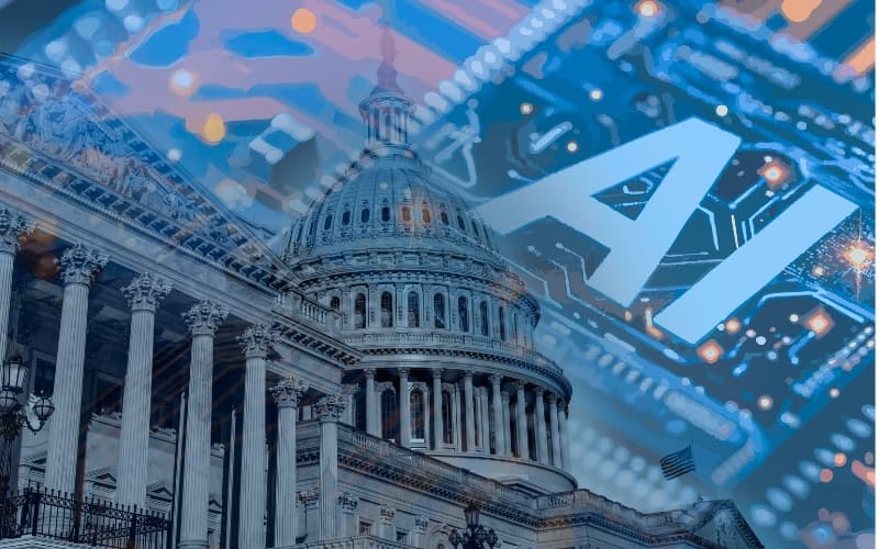 U.S. Capitol building blended with AI circuit graphics, representing AI governance improving federal customer experience.