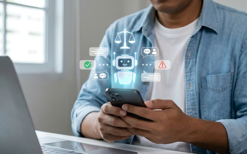 A person using a smartphone at a desk, with a subtle AI assistant interface and symbols for decision-making and oversight, reflecting how AI tools are increasingly integrated into everyday government work.