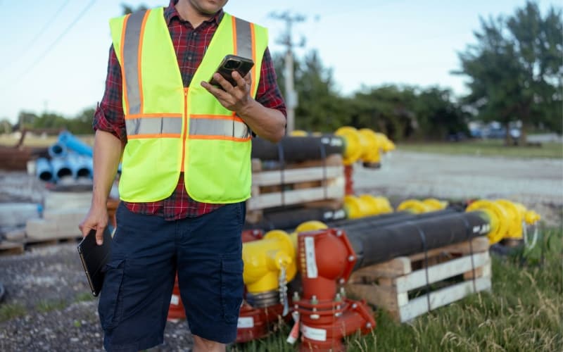 Field worker uses a mobile device near utility infrastructure, supporting data collection and operational improvements.