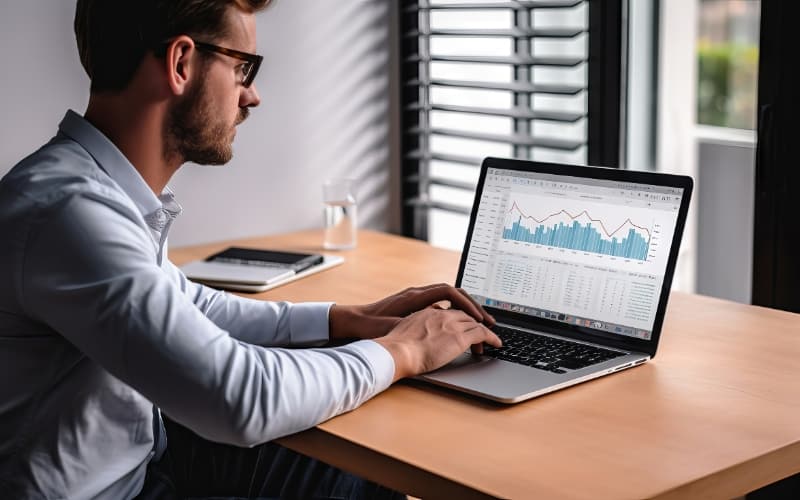 Person reviewing data visualizations and charts on a laptop, representing turning public records requests into clear, actionable reporting insights.