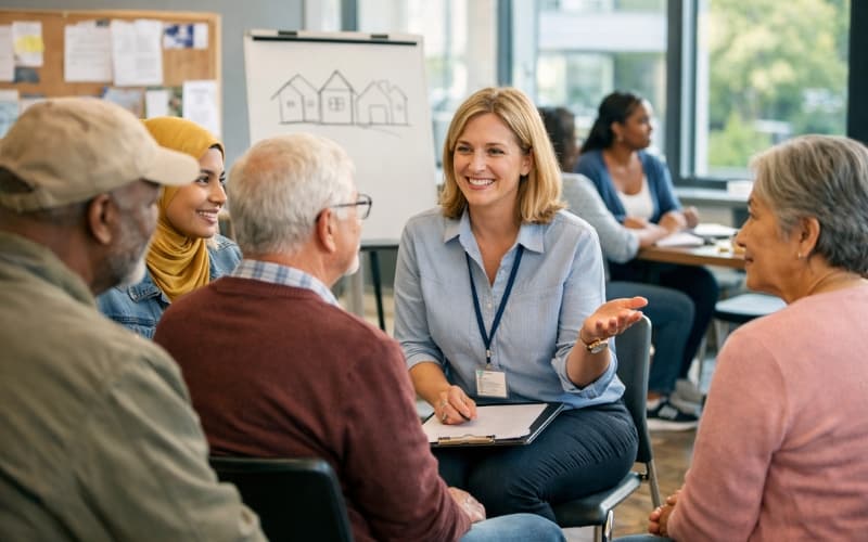 A housing professional consults with a diverse group of residents in a community meeting, with a housing diagram visible on a whiteboard in the background.