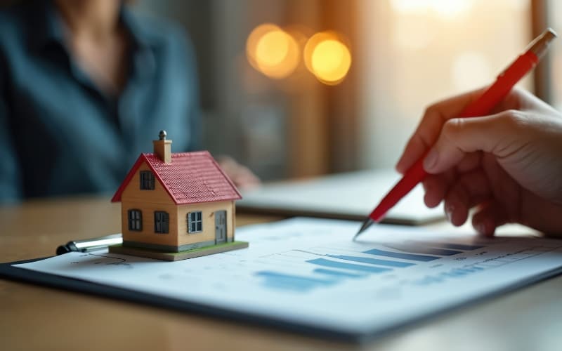 A small model house beside a person reviewing charts, representing how housing associations measure performance and refine strategies.