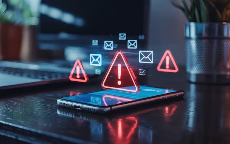 Smartphone on a desk displaying warning alerts and email icons, suggesting a digital security or crisis notification.