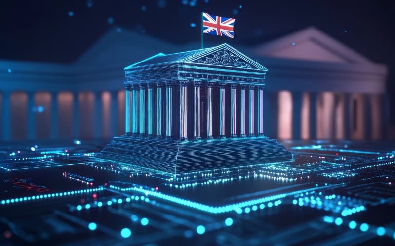 Digital rendering of a UK government building with a Union Jack flag, symbolizing public sector modernization and readiness for 2026.