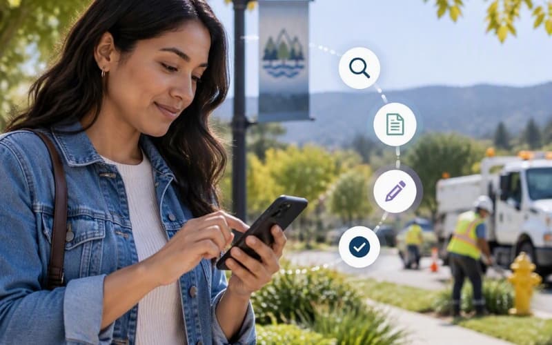 Resident uses a mobile device to access municipal services, with public works crews and service request icons in the background.