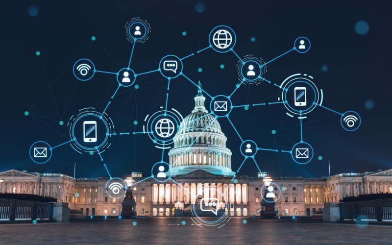 U.S. Capitol building with digital network icons representing citizen engagement and Federal Experience Cloud technology.