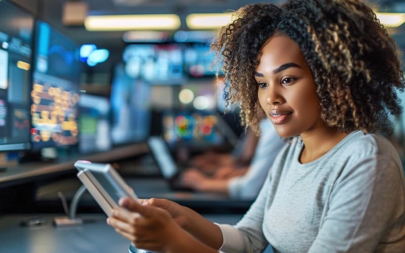 An agent monitors multiple digital systems and customer interactions in a modern call center, reflecting the shift toward consolidated service hubs in public sector agencies.