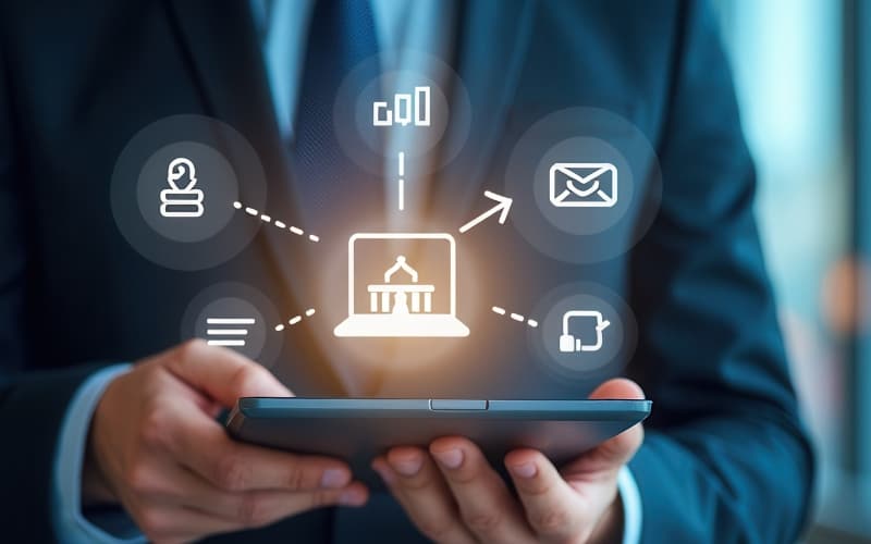 Person holding a tablet with digital government service icons floating above, representing online public services and connectivity.