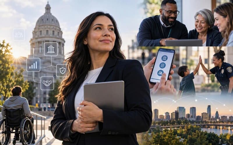 Professional holding a tablet outside a government building, surrounded by scenes of digital services, community engagement and city innovation.