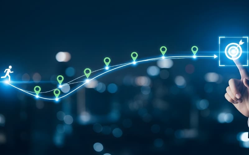 Illustration of a step-by-step digital roadmap leading toward a target, symbolizing the vision and future of public engagement.