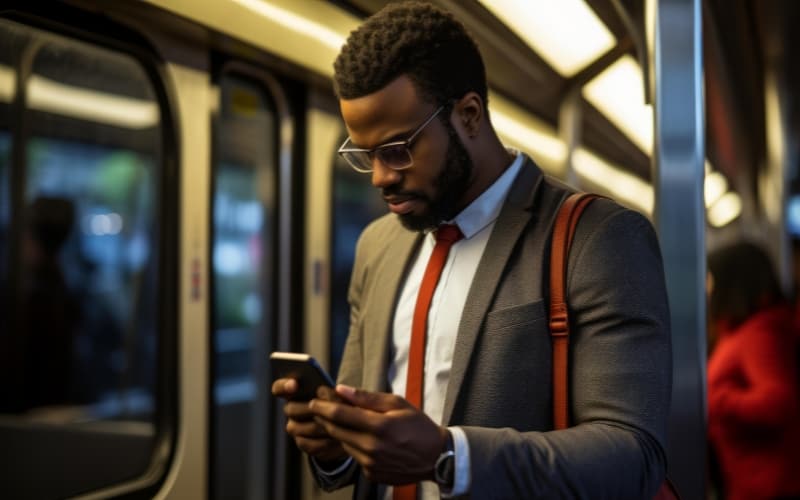 A commuter uses a mobile device on public transit, reflecting the rise of digital interactions shaping the future of government service delivery.