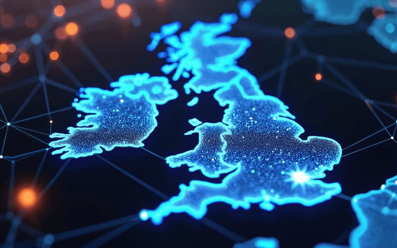 Stylized digital map of the United Kingdom highlighted with connected data points, representing the public sector navigating AI technologies.