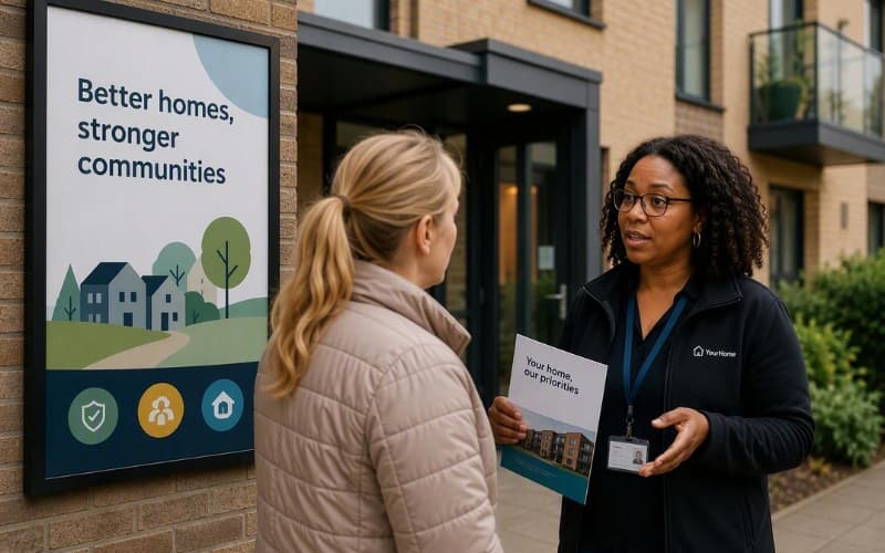 Housing representative speaks with a resident outside an apartment building beside a sign reading “Better homes, stronger communities.”
