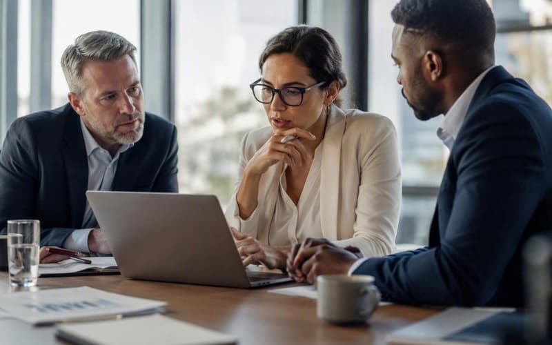 Three professionals collaborate around a laptop in a modern office meeting room with documents and coffee on the table.